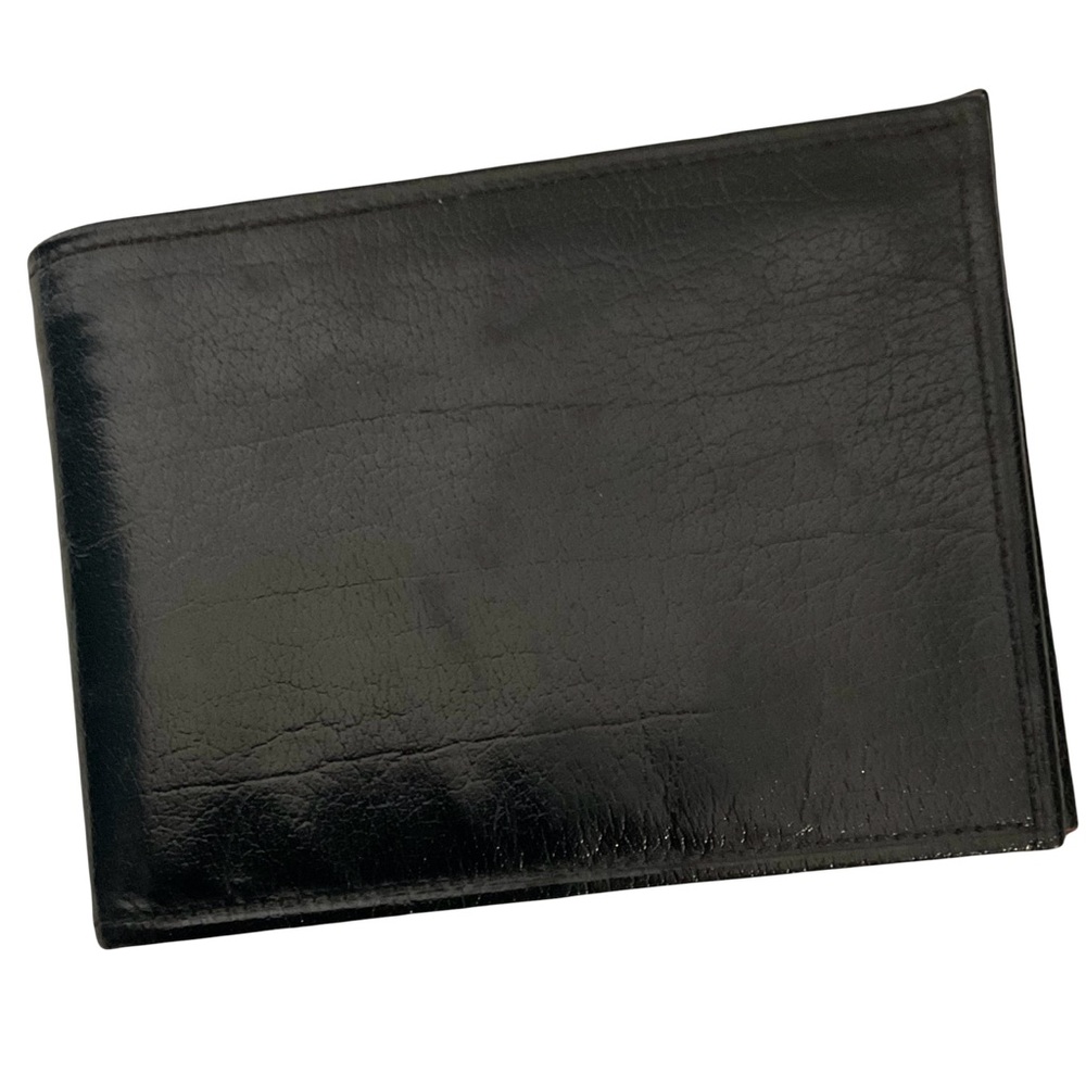 Classic Burnished Calf Leather Black Bi-Fold Wallet; cash slot & card pockets
